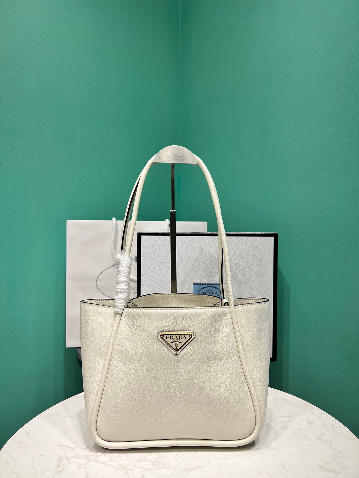 Prada Mini Leather Tote Bag White 1BG539